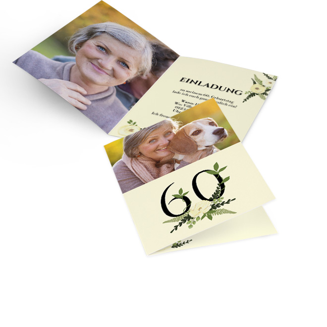 Abbildung von Einladungskarten 60. Geburtstag, hoch, Rosenblueten um schwarze 60 auf cremefarbenem Hintergrund und Foto, innen links formatfuellendes Foto, rechts Text 