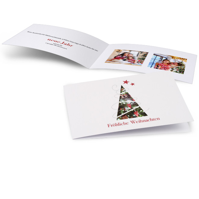 Klassische Weihnachtskarten in Quer mit Foto in Weihnachtsbaumform und Schriftzug Frohe Weihnachten in Rot. Die Innenseiten mit Platz fuer Text links und 2 Fotos rechts.