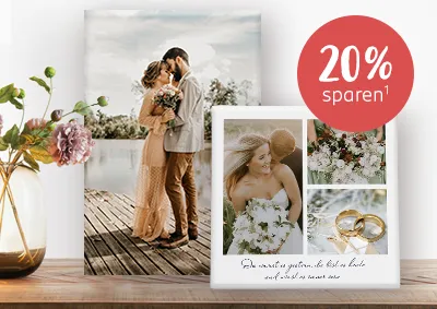 Mehrere Hochzeitsfotos auf Leinwand mit romantischem Zitat und Datum. Im Juni erhaltet ihr 20% Rabatt auf eure Fotoleinwand!
