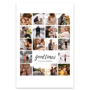 Weißes Fotocollage-Poster mit vielen Familienfotos und dem Schriftzug good times